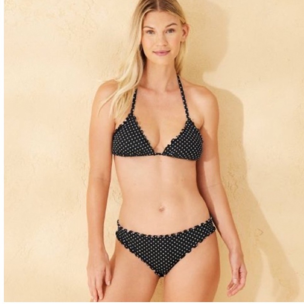 Shade & Shore Polka Dot Bikini Set Black White Lettuce Trim L Top M Bottom